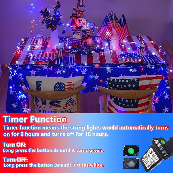YEGUO 165ft 500 LED Red White and Blue Lights 4th of July Decorations String Lights Plug in Indoor Outdoor 8 Modes Clear Wire Patriotic Light for Independence Day Holiday Memorial Day Party Decor