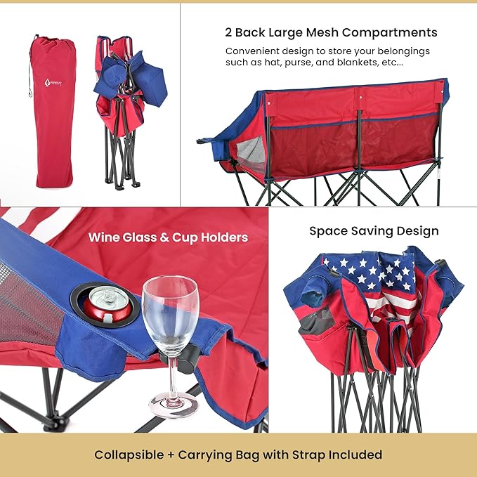 ARROWHEAD OUTDOOR 2-Pack Portable Folding Camp Loveseat Chair w/Glass &amp Cup Holders Heavy Duty Carry Bag 650 lbs Weight Capacity