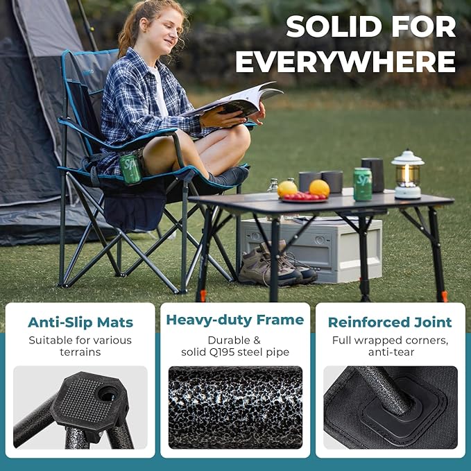 FUNDANGO Oversized Camping Chair for Adults Heavy Duty Portable Foldable Lawn Chair with Padded Seat &amp Back Lumbar Support 4-can Cooler &amp Cup Holder Carry Bag Included for Outdoor