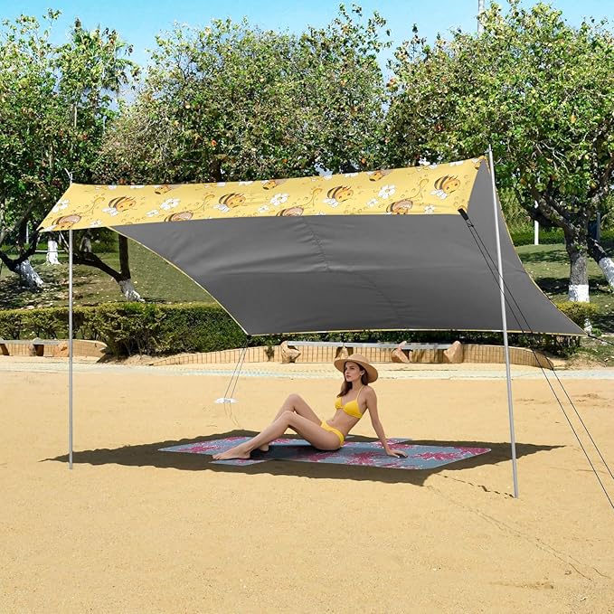 ALAZA Cute Bee Flower Beach Tent Sun Shelter UPF50+ Protection Beach Shade Canopy w/ 4 Sandbags for Outdoor Camping Fishing Backyard Fun Picnic 10x9 ft