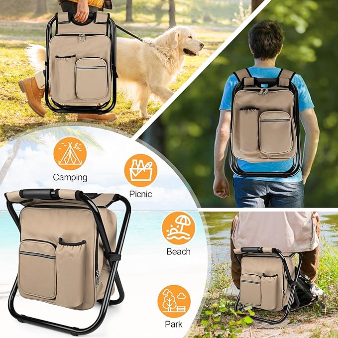 Kikerike Backpack Stool Cooler Chair Heavy Duty 300 LBS Max Load Portable Lightweight Stool Backpack Folding Fishing Cooler Seat for Camping Hunting Fishing - Sand