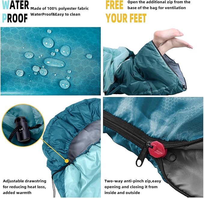 Sleeping Bag for Adults Girls Boys - 3 Season Warm &amp Cool Weather Lightweight Waterproof Camping Bag for Hiking Outdoor Travel
