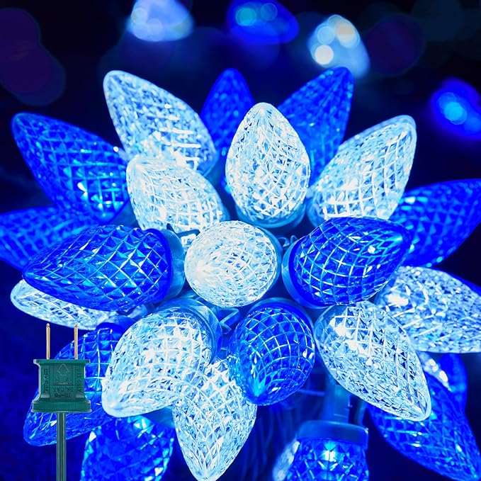 Brightown C9 LED Christmas String Lights 66ft 100 LED Waterproof Strawberry String Lights Plug-in Extendable Green Wire Lights String for Outdoor Outside Patio Party Decoration Blue and White