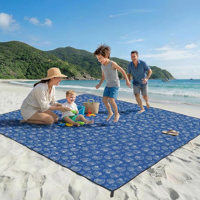 OIGAE Family Beach Blanket 7×8 ft Sand-Free Picnic Mat for 1–4 People Quick-Dry Lightweight Outdoor Blanket with Stakes &amp Corner Pockets Shell Blue