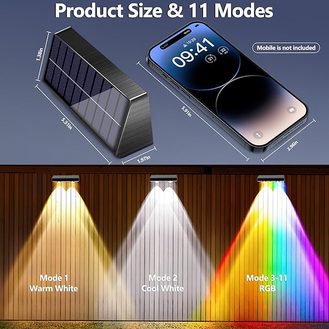 BrizLabs Fence Solar Lights Outdoor 8 Pack 9 Colors &amp 11 Modes Color Changing Deck Lights 250lm Red White &amp Blue Fence Deck Light IP65 Waterproof Solar Wall Light for Outside Backyard Stair