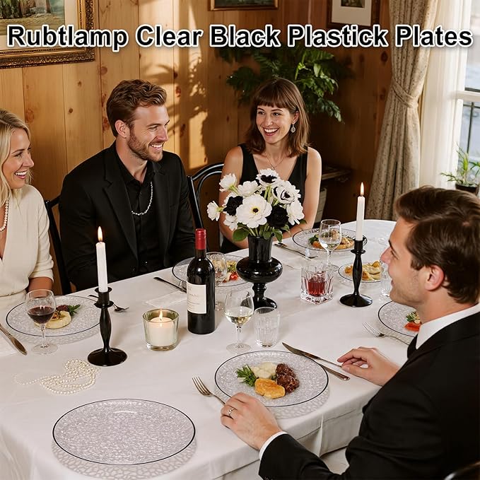 Rubtlamp 60Pcs Black Plastic Plates Black Heavy Duty Graduation Plastic Plates Clear Disposable Party Plates Hammered Fancy Plates Include 30 Dinner Plates 30 Salad Plates For Graduation Party