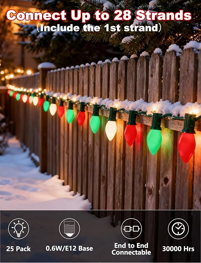 C7 LED Christmas Lights Outdoor - 25ft Red White and Green String Lights With 27 Ceramic Bulbs(2 Spare) Waterproof Commercial Grade Extendable for Indoor Outdoor Roofline Patio Yard Xmas Decor