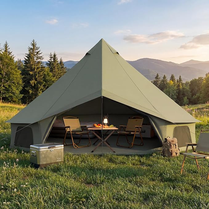 YOLENY Bell Tent Yurt Tent 4/6/8/10 Person 4 Season Waterproof Glamping Tents w/Stove Jack for Family Camping Outdoor Party Glamping Tents for Camping - 10/13.1/16.4FT