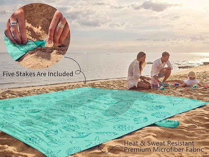 WEKAPO Beach Blanket Waterproof Sandproof Oversized Extra Large Beach Mat Sand Free Lightweight &amp Compact Sand Free Mat with 6 Stakes &amp 4 Corner Pockets