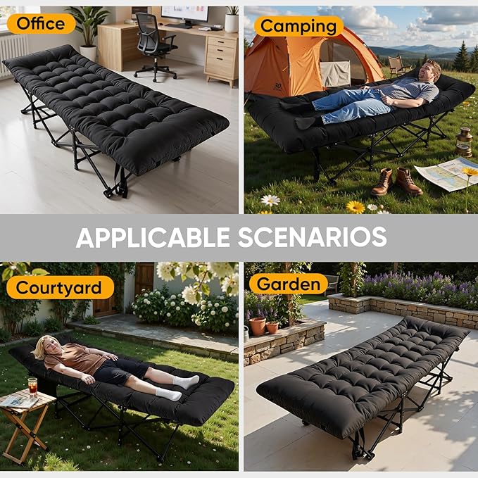 Northroad Camping Cot with Thick MattressQuick Set-Up Sleeping Cots with Side Pocket for Outdoor Camping Office Nap Home Garden Beach Travel Black