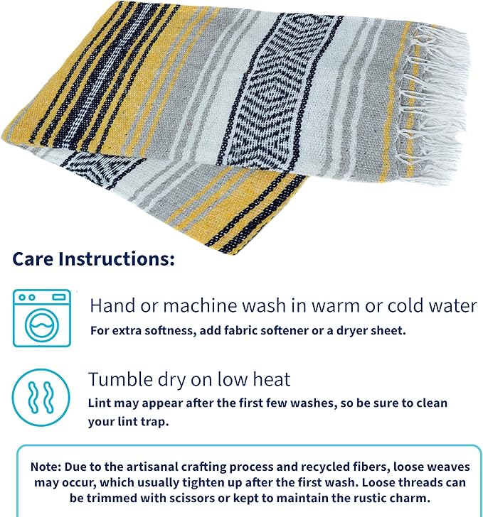 La Montana Mexican Blankets and Throws 4 Pack 74x50 - Made in Mexico Lightweight Yoga Blanket for Schools Studios Outdoors Camping Picnic Decor - Washable Navy/Yellow/White