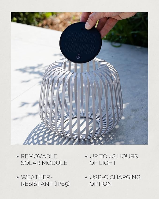 LUUK Studio Solis Wireless Solar LED Accent Lamp Warm White Dimmable Light Water Resistant Indoor Outdoor Use USB-C Rechargeable Living Room Patio Soft Luxury Style White Size S