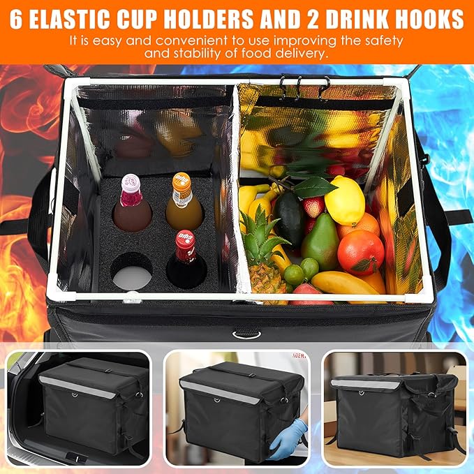 Insulated Food Delivery Bag for Bike with Rear Rack Pizza Delivery Box with Shoulder Belt and Internal Accessories Waterproof Internal Dimensions(Black18.5 x 13 x 13 Inches)