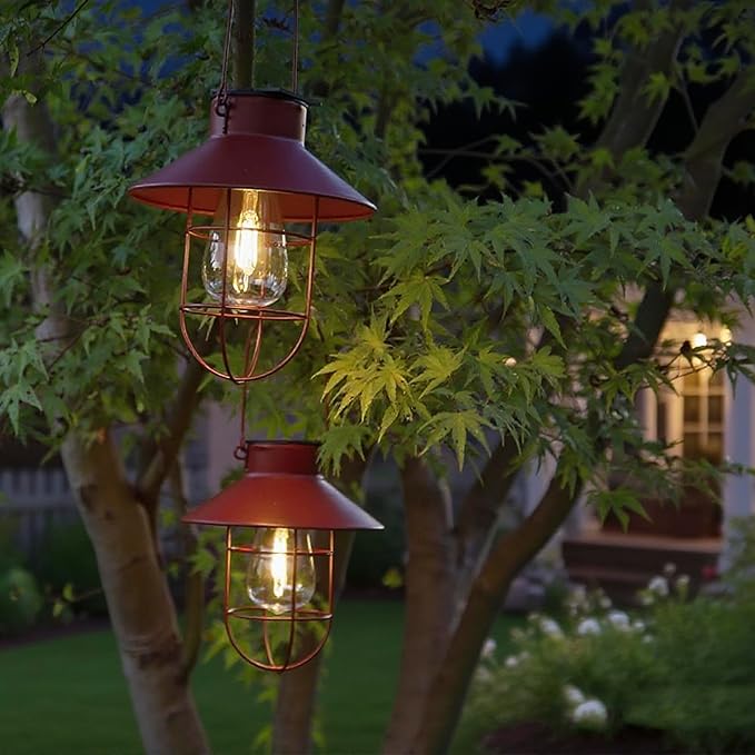 2 Pack Solar Lantern Hanging Waterproof Outdoor Metal Solar Lamp with Wall Hooks Warm White Light Decorate for Yard Garden Pathway Patio Porch Decor(Red)