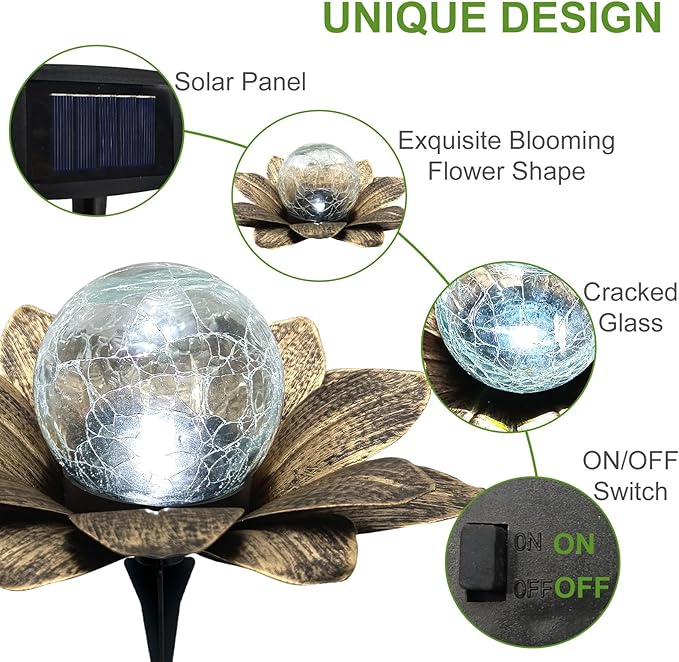 LEWIS&ampWAYNE Solar Garden Lights Outdoor 3 Pcs Coppery Lotus Flower Pathway Lamps with Cool White Crackle Glass Globe Led Lights for Patio Pathway Yard Balcony Garden Decorations