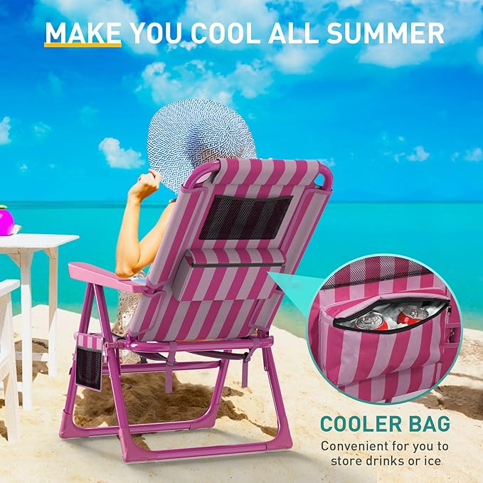 Slendor Backpack Beach Chair 6-Positions Beach Chairs for Adults with Cooler Bag Reclining Beach Chair with Cup Holder Folding Camping Chair for Outside