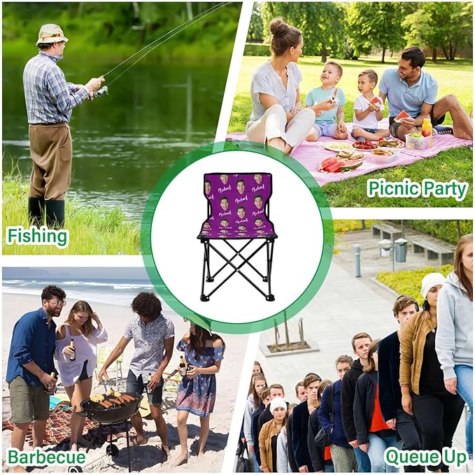 Sinestour Purple Custom Photo Folding Camping Chair for Teen Child Personalized Name 14.6×14.6in Portable Outdoor Chair with Carry Bag for Picnic Lawn Travel
