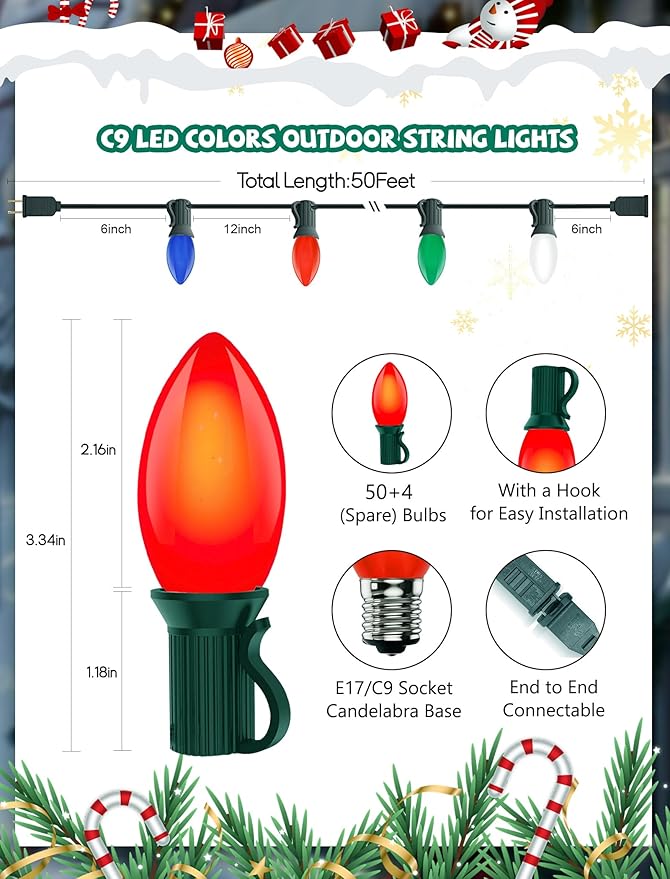 C9 LED Multicolor Christmas Lights 50FT Outdoor String Lights with 54 Ceramic Bulbs (4 Spare) Waterproof Retro Christmas Lights Decor for Xmas Tree Roof Porch Backyard Indoor Outdoor Party