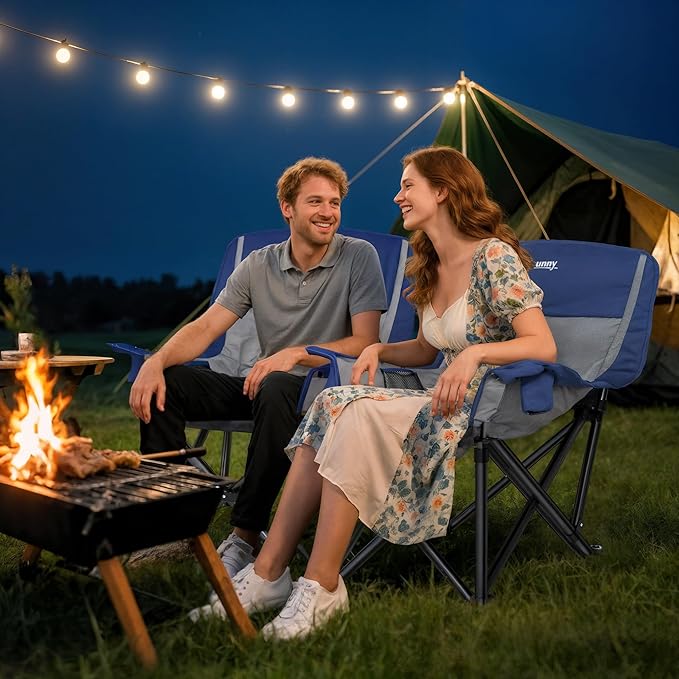 Outsunny Double Camping Chair for Adults Padded Folding Camp Chair for 2 Person with Armrest Wine Glass Holder Cup Holder Carry Bag for Outdoor Sports Picnics Supports up to 552 lbs.