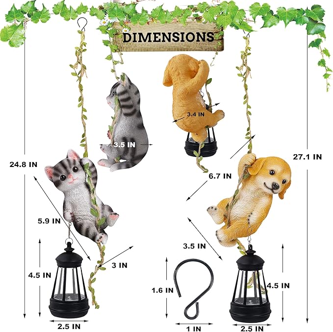 Set of 2 Solar Hanging Statue Outdoor Resin Black White Cat &amp Golden Retriever Dog Figurine with LED Lights Animal Ornament for Garden Fence Porch Patio Yard Decor