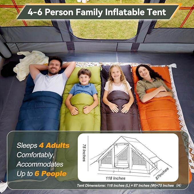 Inflatable Camping TentEasy Set up with Electric Air Pump Waterproof Blow Up Tent for Adults Portable Outdoor for Camping&ampHiking