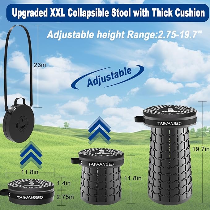 Upgraded XXL Taller 19.7 Wider 11.8 Collapsible Stool with CushionAdjustable Seat with Load Capacity 1000lbs More Taller&ampWider Portable Retractable Stool for Adults Camping Fishing Hiking BBQ