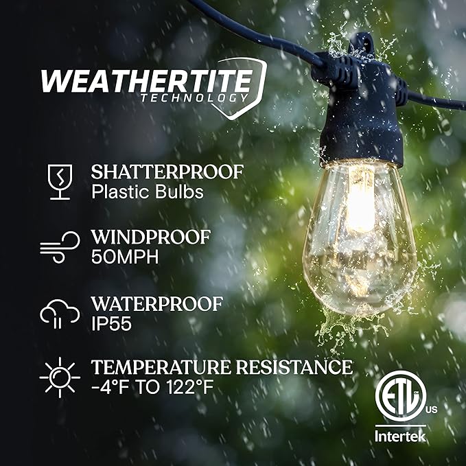 Brightech Ambience Pro Solar Powered Outdoor String Lights - Commercial Grade Patio Lights with 48 Ft Edison Bulbs - Shatterproof LED Solar Lights for - 1W LED Warm White Light