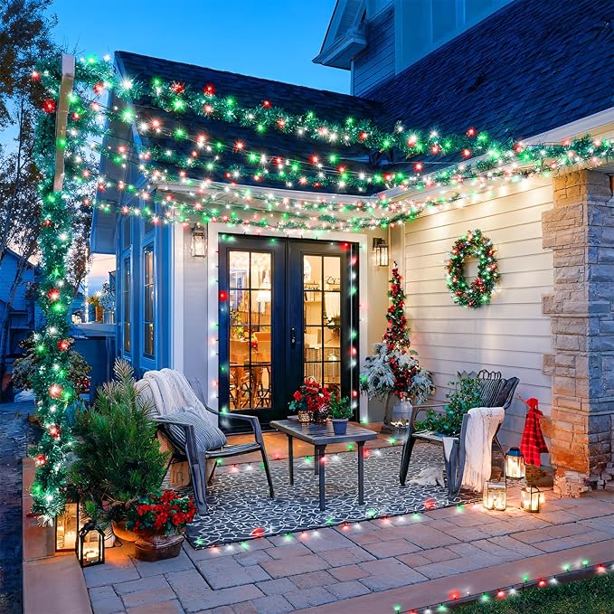 JMEXSUSS 400 LED Red White and Green Christmas Lights 132ft Christmas Tree Lights with Remote Outdoor Indoor String Light Plug in for Tree Patio House Yard Bush Decor