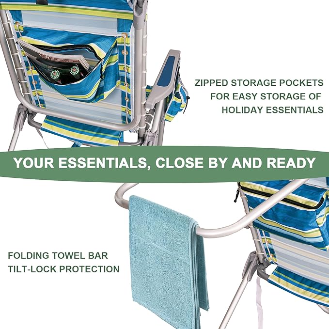 Romswi Tall Beach Chair for Adults 17 High Seat Backpack Beach Chair with Cooler Bag Cup &amp Phone Holder 5-Position High Back Reclining Chair with Towel Bar &amp Zipper Pocket Blue Stripes