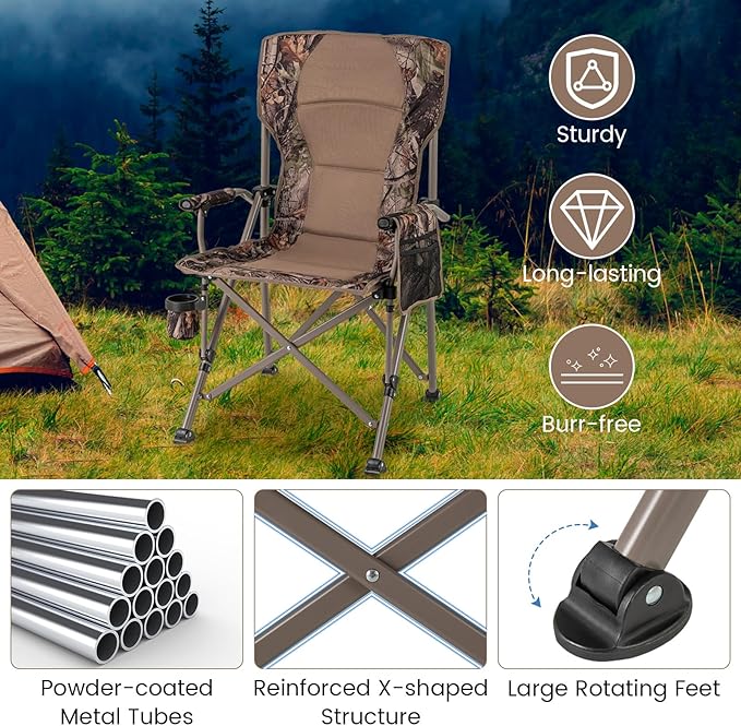 Tangkula Folding Camping Chair Portable Camp Chair with Padded Seat Cup Holder Storage Pocket Outdoor Lawn Chair with Carrying Bag for Fishing Picnic Travel No Assembly Needed