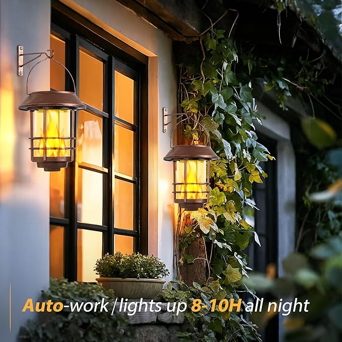 Otdair Solar Lanterns Outdoor Waterproof 2 Pack Flickering Flames Wall Garden Decor with Glass Shade Hanging Solar Lights Wall Mount Decorations for Halloween Front Porch Patio Yard Bronze