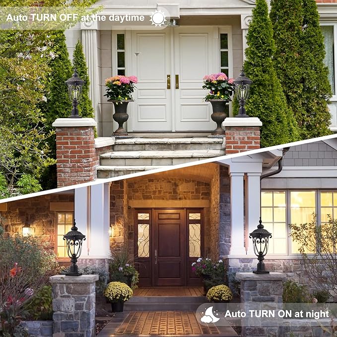 24 Inch High Outdoor Post Light Fixture with Dusk to Dawn Sensor Bronze Post Lantern with Pier Mount Exterior Pole Lighting with Seeded Glass for Yard Garden Patio and Pathway LMMS0519-M