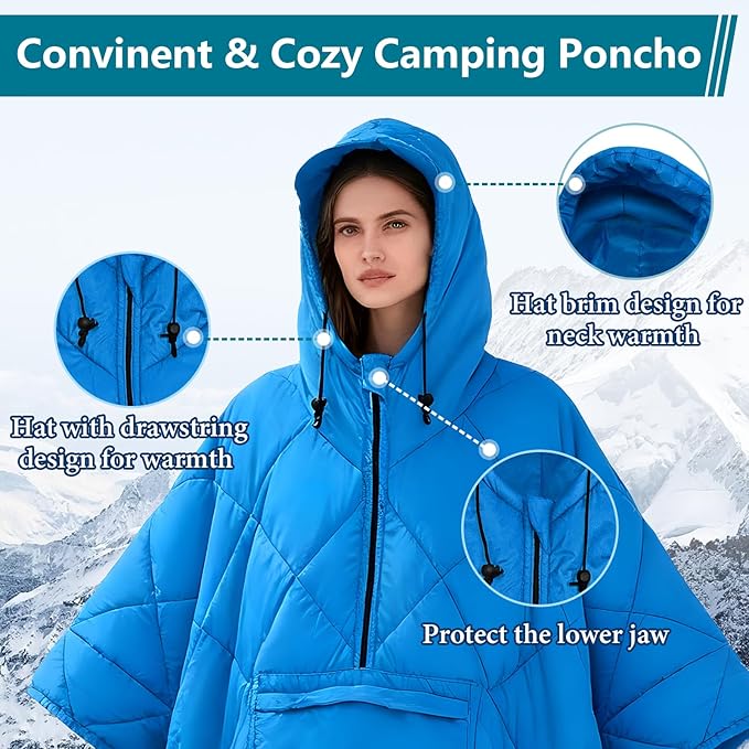 Camping Outdoor Blanket Ultralight Down Alternative Printed Travel Camp Blankets for Sleeping Packable Waterproof Puffy Quilt for Hammock Picnic Stadium Beach Cold Weather (Blue Blanket Poncho)