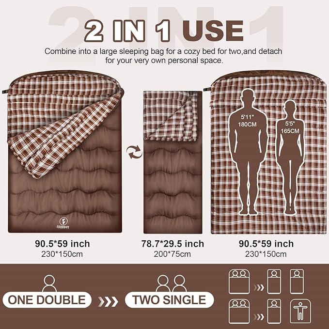 0 Degree Flannel Double Sleeping Bag for Adults Couples or Family - Winter Queen Size Waterproof &amp Warm 2-Person Sleeping Bag for Cold Weather Camping RV Travel