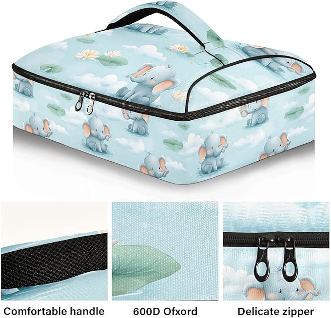 Casserole Carrier Cute ElephantsInsulated Casserole Carrier for Hot or Cold Food Thermal Lunch Tote for Potluck Parties Picnic Beach Fits 9 x 13 Inches Baking Dish