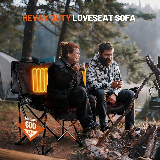 Double Heated Camping Chair Fully Padded Oversized Loverseat Camping Chair w/ 2 x Cup Holder Pillow 2 Person Camping Couch for Outdoor Patio Supports 600lbs Black No Power Bank