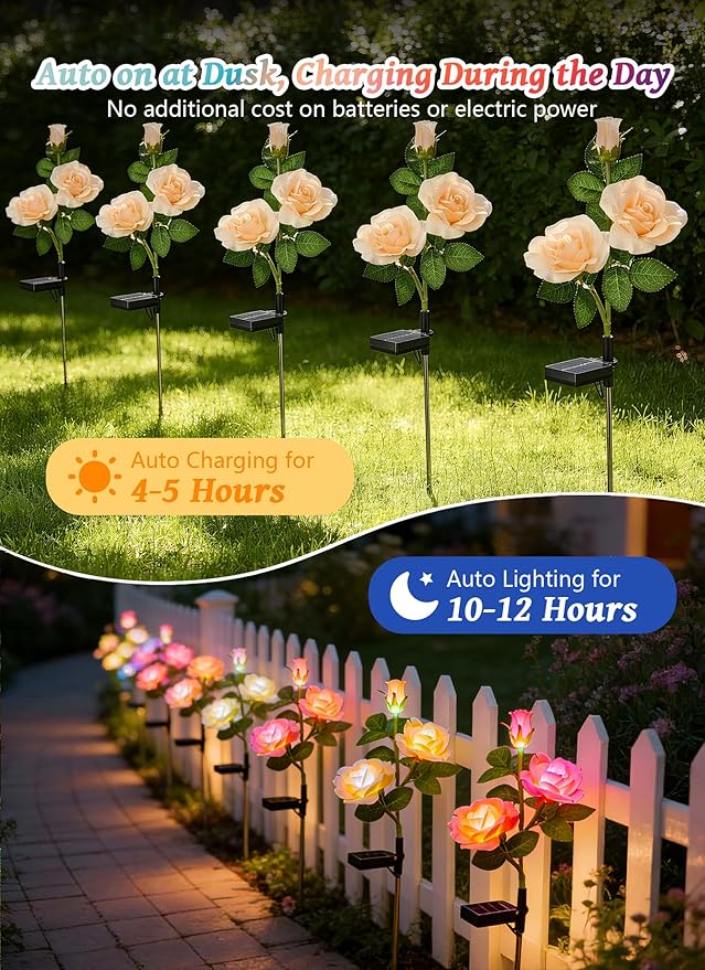 Brightown Outdoor Solar Flower Lights 4 Pack 7-Color Changing Solar Garden Lights with Larger &amp More Realistic Rose Bigger Solar Panel Waterproof Solar Lights for Yard Garden Lawn Pathway Decor