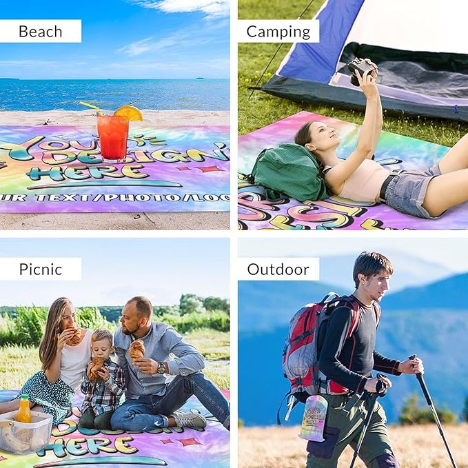 Custom Beach Blanket Waterproof Sandproof Large Mat 7.2 x 6.6 Ft for Family 4 Corner Sand Pockets &amp Stakes Personalized Blankets for Beach Travel Essentials Camping