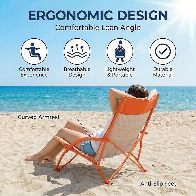 2 Pack Low Beach ChairFolding Recliner Camping Chair for AdultsLightweight Backpacking Low Seat Camping Chairs with Cup HolderCarry Bag for Outdoor Camp Picnic FestivalOrange Strip