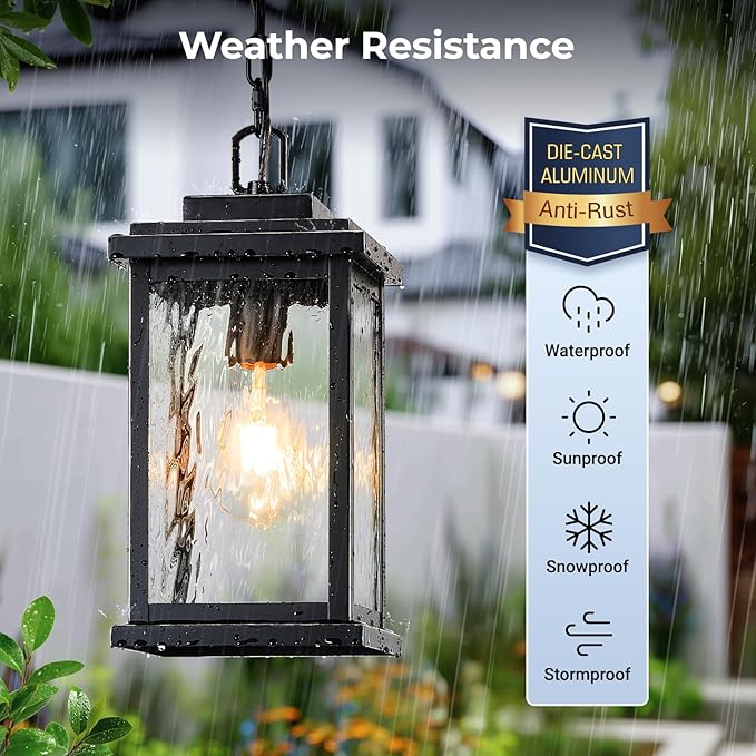 VIANIS Large Anti-Rust Outdoor Chandelier with Adjustable Wire Black Pendant Light with Water Glass for Porch GardenGarage Easy-to-Install Outdoor Hanging Lantern Suiting for Sloped Ceiling