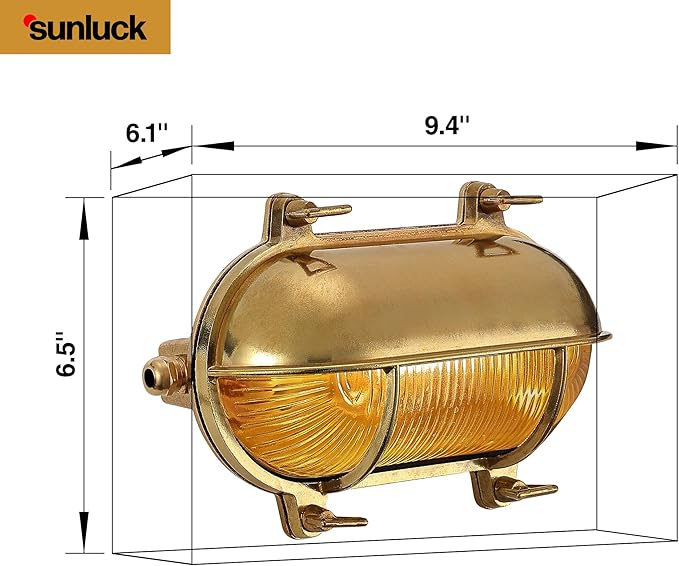 Sunluck Brass Nautical Bulkhead LightGrid Oval Wall LightBrass Half Cover LampshadeCeiling Mount LightWaterproof IP65Rust Resistantfor Wet Location BathSeasideShipBasement