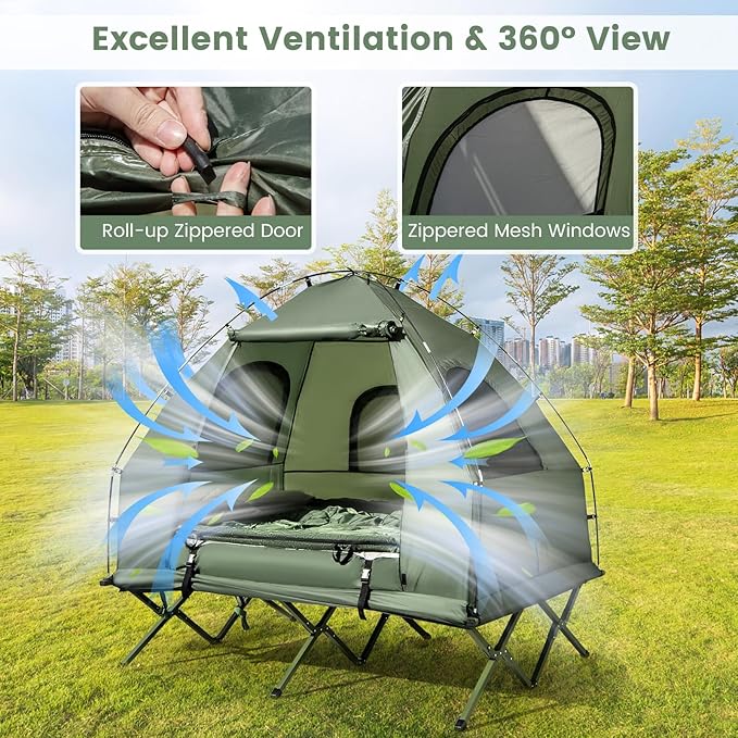 Goplus Camping Tent Cot 5-in-1 Folding Camping Bed with Air Mattress Pillow Sleeping Bag Waterproof Elevated Tent Shelter Portable Outdoor Sleeping Cot with Carry Bag for Picnic Trip