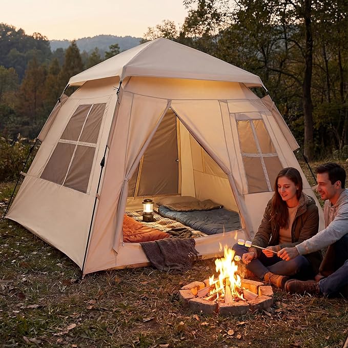 Goplus 4 Person Camping Tent Portable Automatic Easy Setup Cabin Tent with Rainfly Mesh Windows 2 Doors &amp Carrying Bag Lightweight Outdoor Sun Shelter for Hiking Traveling Picnic