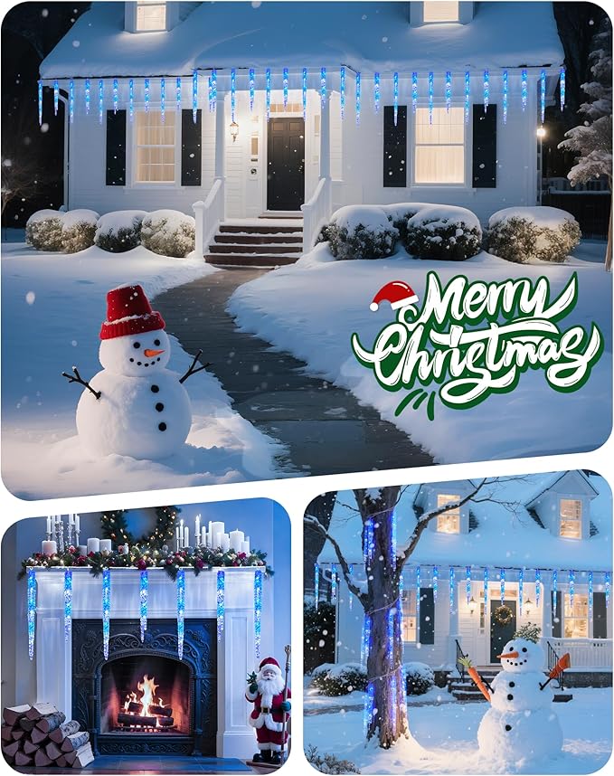Minetom Icicle Lights Outdoor with Clips 2 Pack Total 40ft 200 LED 40 Tubes Twinkling Connectable Hanging Ice Shape Christmas String Lights Plug in for Eave Holiday Outdoor Blue and White