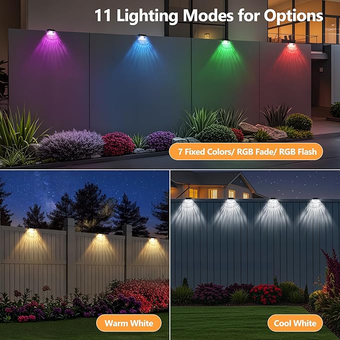 BrizLabs Solar Fence Lights 12 Pack RGB &amp Warm White &amp 11 Colors Changing LED Solar Deck Lights with IP65 Waterproof Red White &amp Blue Outdoor Step Light Patio Fence Light for Patio Yard