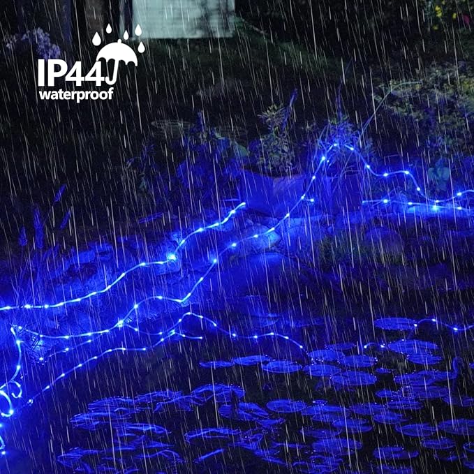 YEGUO Solar Christmas Light Outdoor Waterproof 66ft 200 LED Blue Rope Lights 8 Modes Tube String Lights in Clear Thin Tube