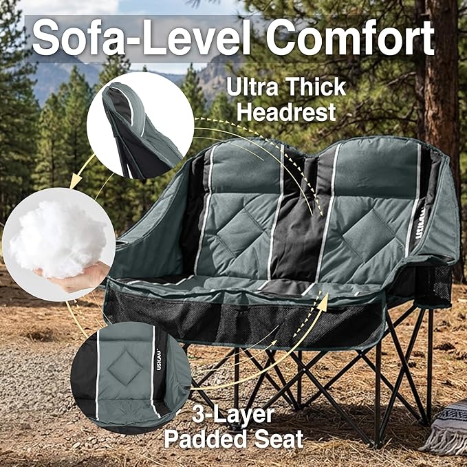 Oversized USLCamping Chair - 2 Person Portable Folding Outdoor Loveseat Heavy Duty Lawn Chairs for Adults with Padded Cushion &amp Dual Cup Holders Supports 660LBS for CampingSportsPicnic (Grey)