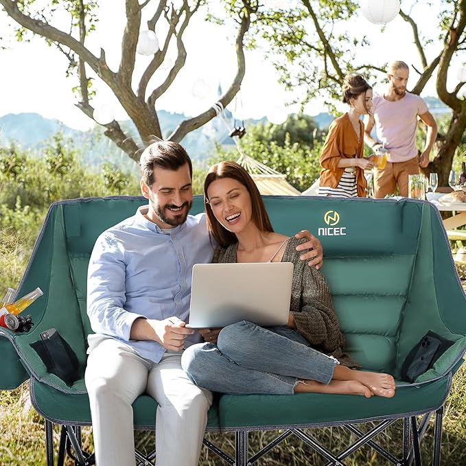 Nice C Double Padded Camping Chair Oversized Loveseat Camping Chair Outdoor Camping Couch for Adults Lawn Chairs Extra Padded with Cup Holder Cooler Bag Bottle Opener (Green)