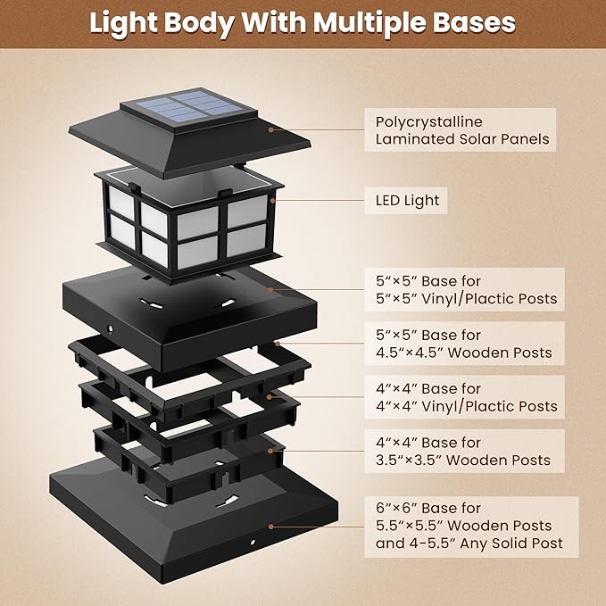 6 Pack Solar Post Cap Lights Outdoor Waterproof Fence Post Solar Lights Fit for 4x4 5x5 6x6 Wooden/Vinyl/Plastic Posts Warm White LED Lighting Decor for Garden Deck Patio