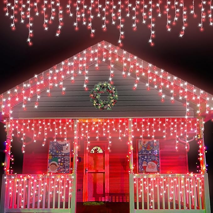 QITONG Red and White Icicle Lights for Outside 33ft 400 LED String Light with 8 Modes Clear Wire Connectable Icicle Christmas Lights Indoor Plug in